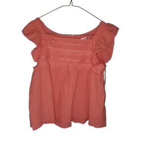 Tahari Girl Top Size 12 Coral Smocked Lace Flutter Sleeve Boho Cotton NEW